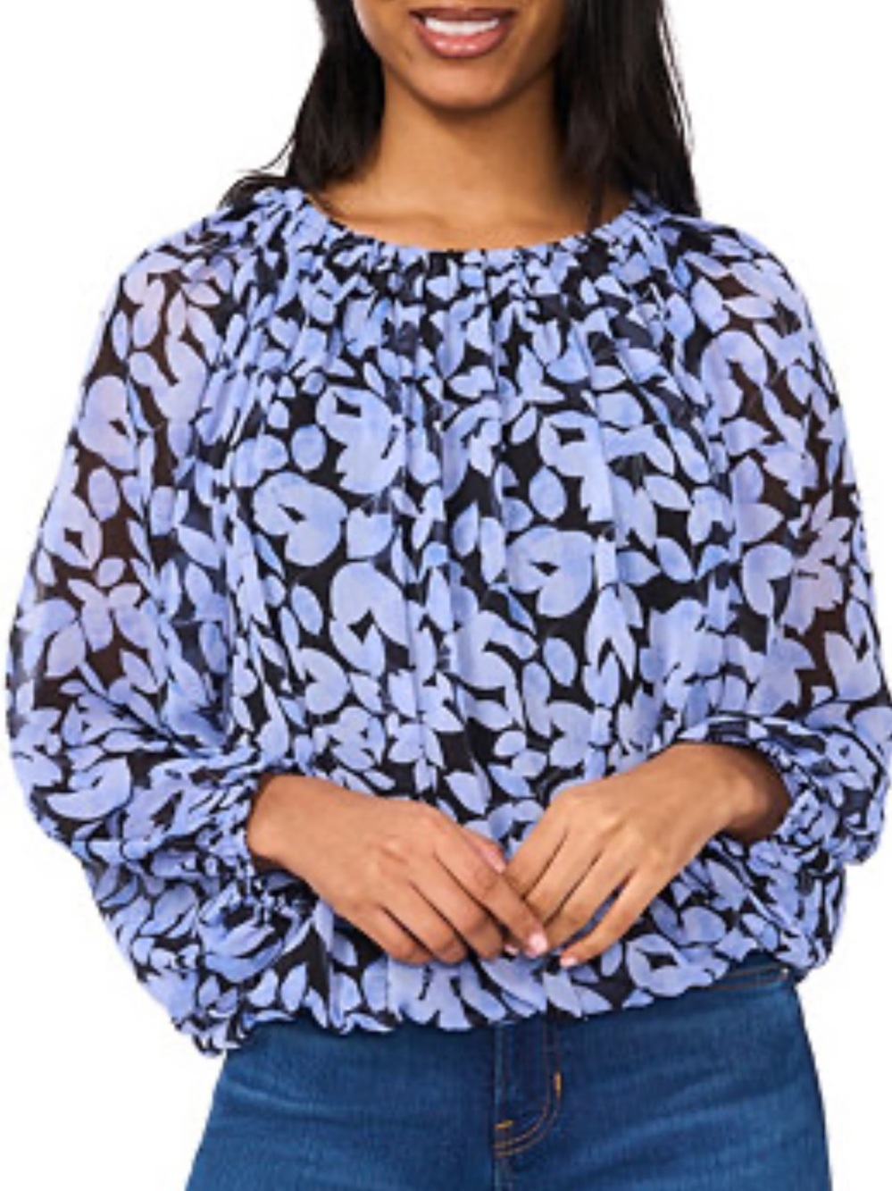CeCe Puff Long Sleeve Floral Blouse in Light and dark Blue size large